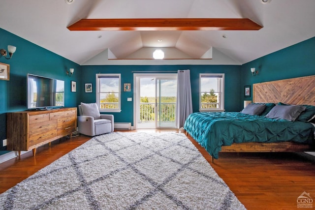 bedroom with lofted ceiling with beams, access to outside, dark hardwood / wood-style floors, and a baseboard heating unit