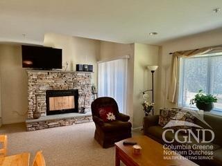 living room featuring a stone fireplace