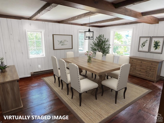 dining space featuring beamed ceiling, dark hardwood / wood-style flooring, and a healthy amount of sunlight