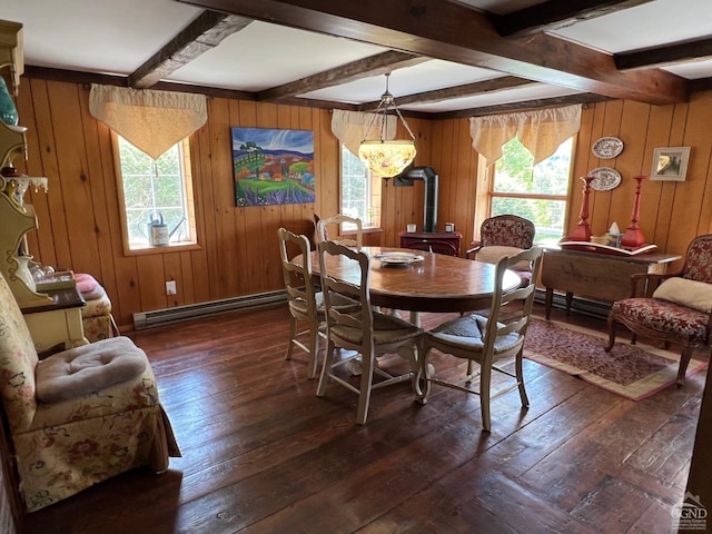 dining room with beamed ceiling, a baseboard radiator, dark wood-type flooring, and wood walls