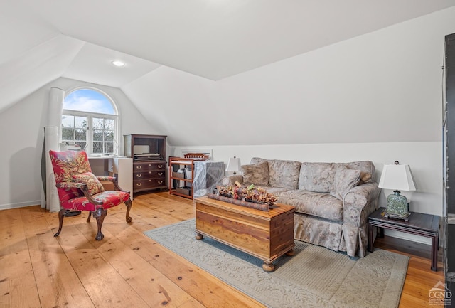 living room with lofted ceiling and light wood finished floors