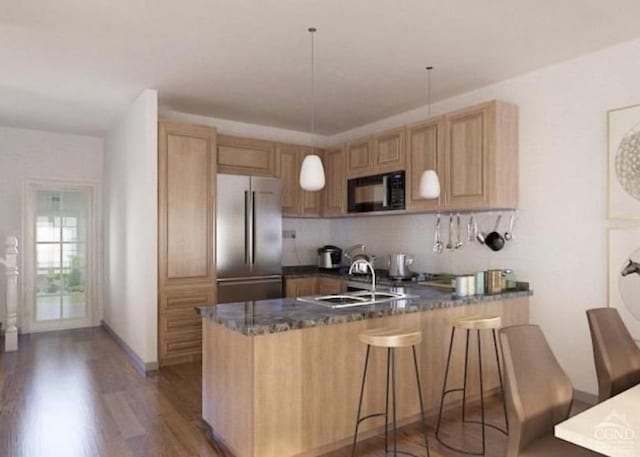 kitchen with hanging light fixtures, high quality fridge, dark hardwood / wood-style flooring, kitchen peninsula, and black microwave