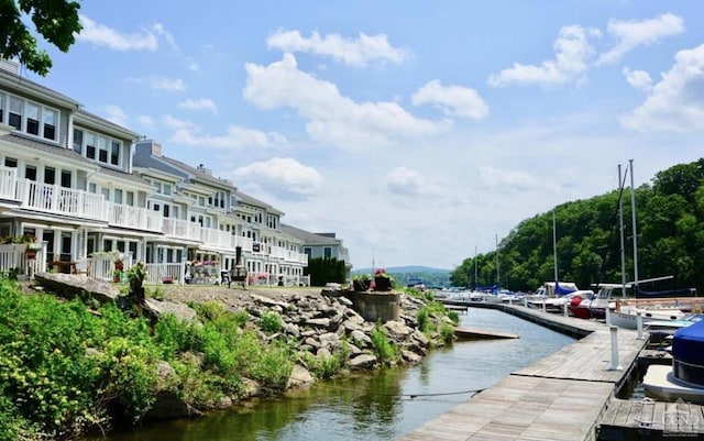 exterior space with a boat dock and a water view