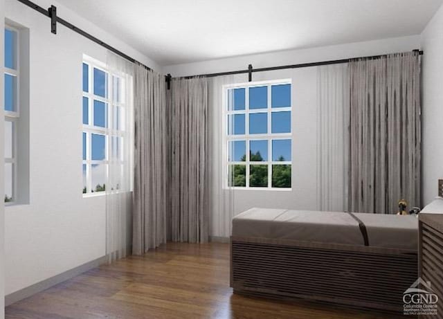 bedroom featuring hardwood / wood-style floors, a barn door, and multiple windows