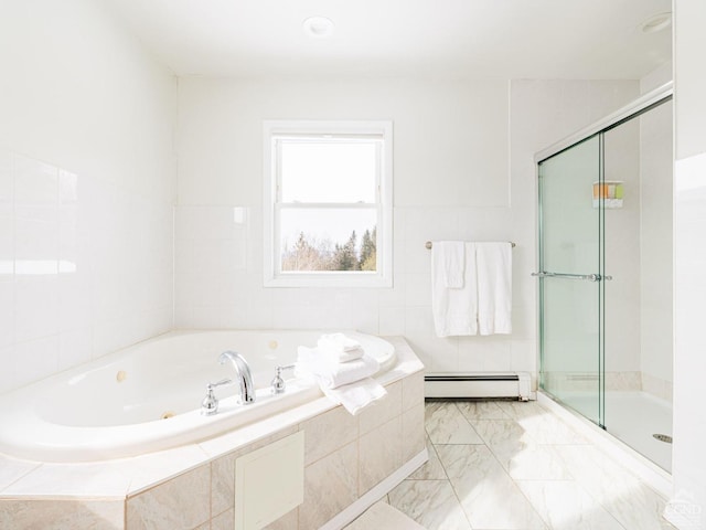 bathroom featuring independent shower and bath and baseboard heating