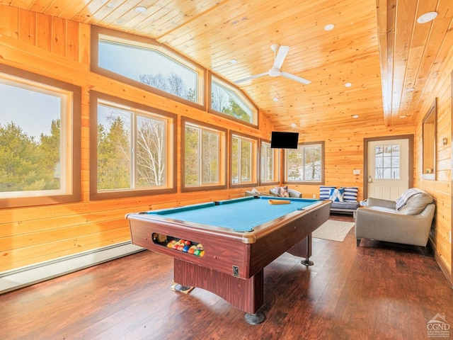 game room featuring dark wood-type flooring, wooden ceiling, and wooden walls