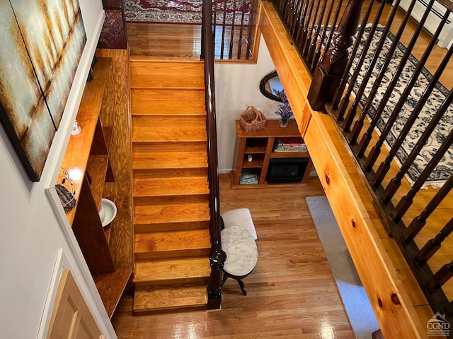 staircase with hardwood / wood-style floors