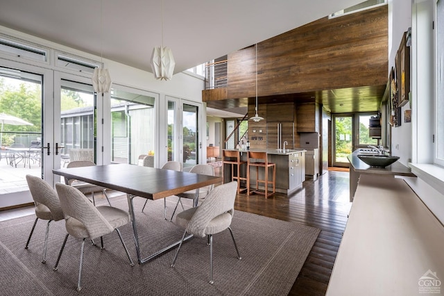 dining room featuring french doors, dark wood-type flooring, a healthy amount of sunlight, and sink