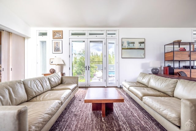 living room featuring wood-type flooring and french doors