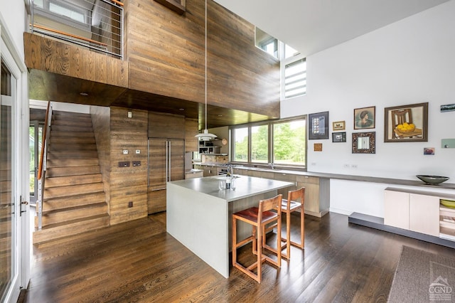 kitchen with a high ceiling, dark hardwood / wood-style floors, decorative light fixtures, a breakfast bar area, and a center island with sink