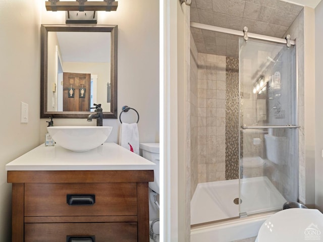 bathroom with toilet, a stall shower, and vanity