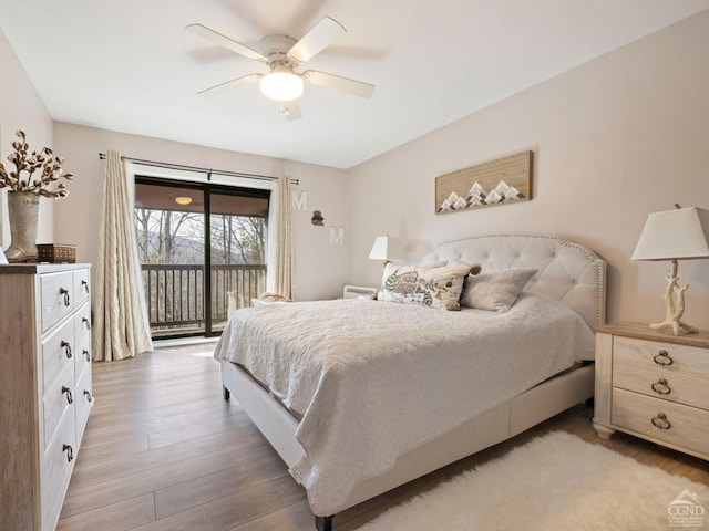 bedroom featuring light wood-style floors, access to outside, and ceiling fan