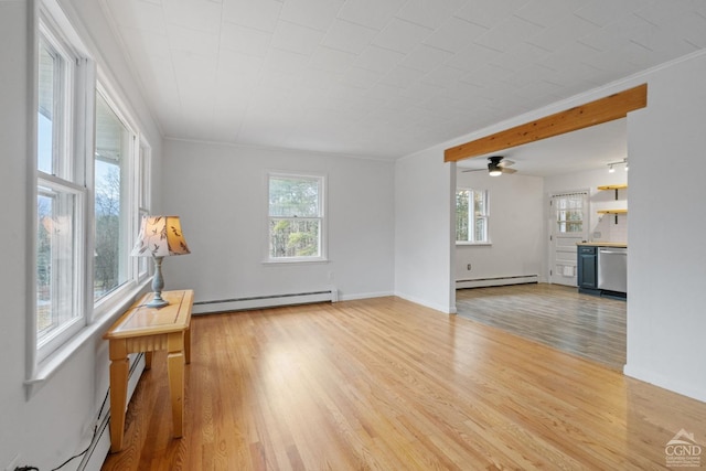 unfurnished living room with a baseboard radiator, ceiling fan, and light hardwood / wood-style floors