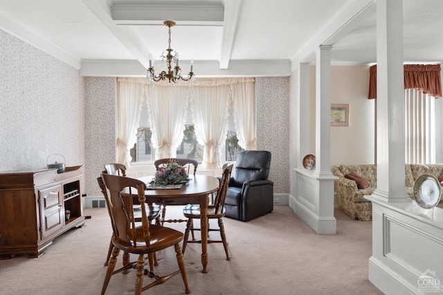 dining room featuring decorative columns, beamed ceiling, a notable chandelier, light carpet, and wallpapered walls