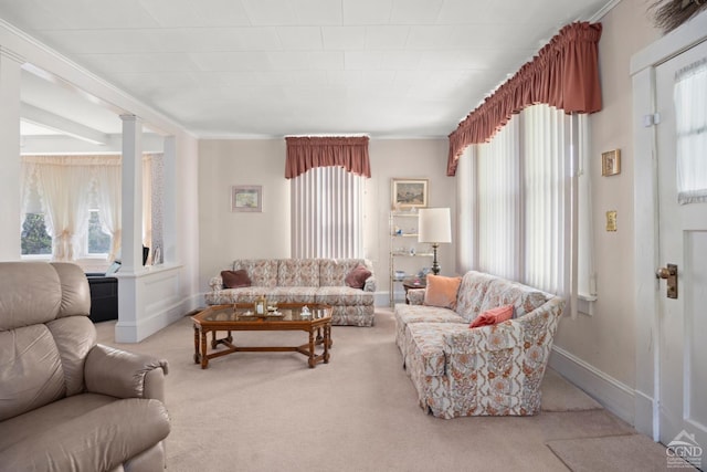 living room with baseboards and carpet flooring