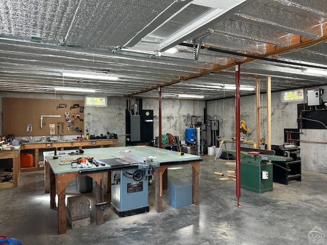 basement with a workshop area, plenty of natural light, and electric panel