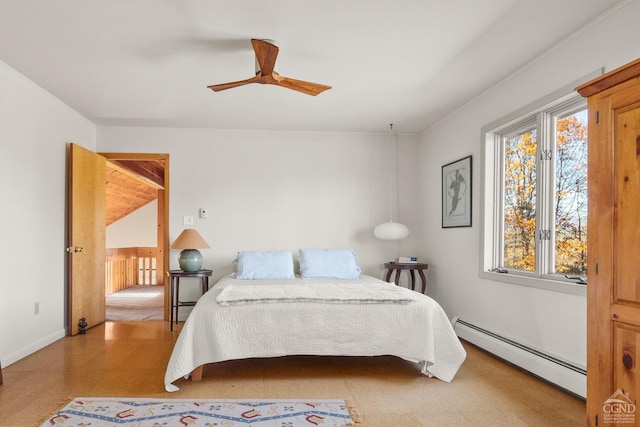 bedroom with ceiling fan and a baseboard heating unit