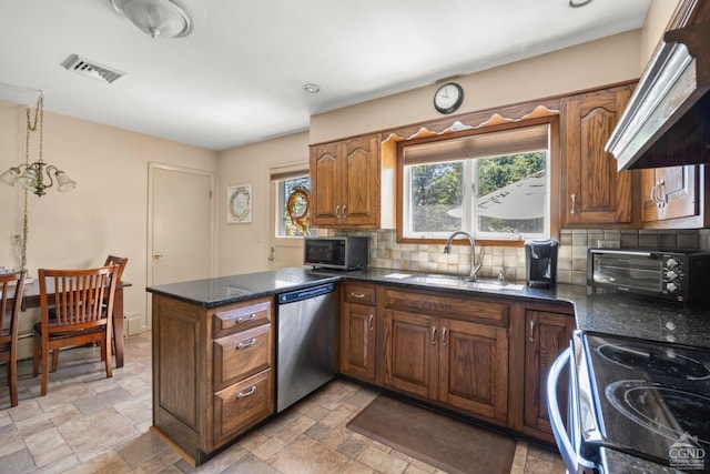 kitchen featuring sink, backsplash, kitchen peninsula, custom range hood, and appliances with stainless steel finishes