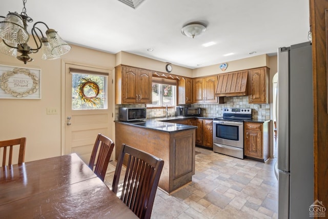 kitchen with appliances with stainless steel finishes, backsplash, premium range hood, sink, and an inviting chandelier