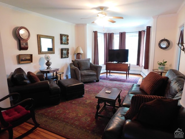 living room featuring wood-type flooring, ceiling fan, and crown molding