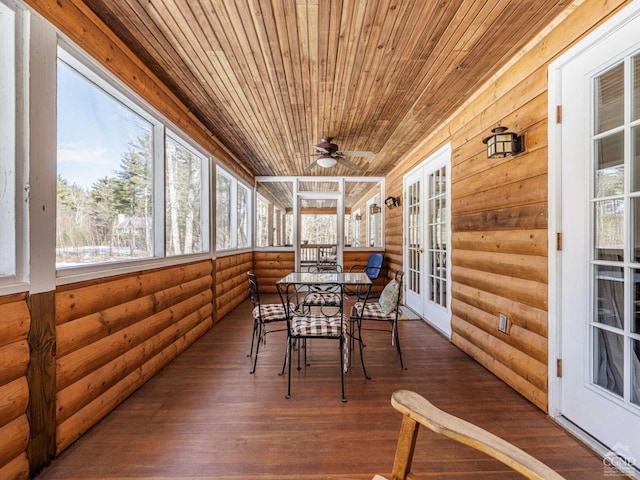 sunroom with ceiling fan, french doors, wooden ceiling, and a wealth of natural light