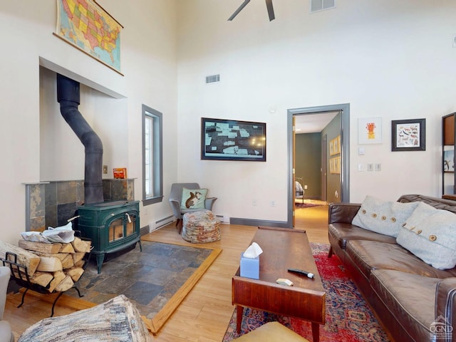 living room with a wood stove, visible vents, baseboards, and wood finished floors