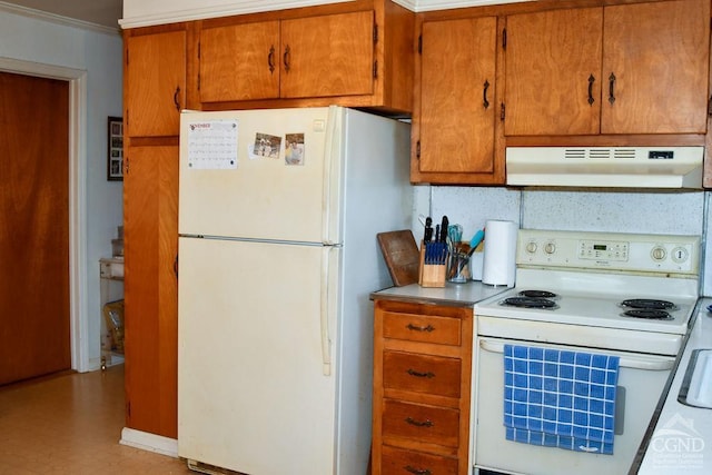 kitchen with white appliances and crown molding