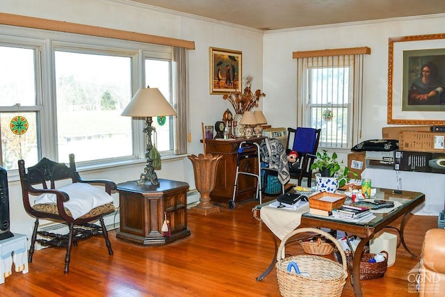 living area featuring hardwood / wood-style flooring, baseboard heating, a wealth of natural light, and crown molding