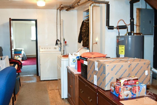 clothes washing area featuring independent washer and dryer, electric panel, and gas water heater