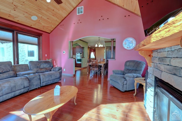 living room featuring wood ceiling, a fireplace, high vaulted ceiling, and wood-type flooring