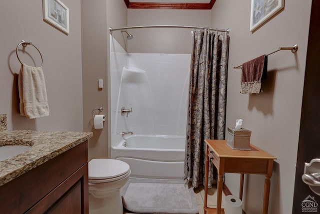 full bathroom with shower / tub combo, vanity, toilet, and crown molding