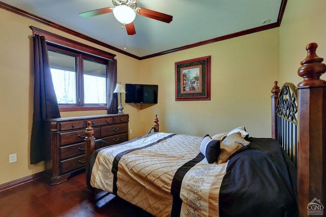 bedroom with ceiling fan, crown molding, and dark wood-type flooring