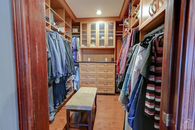 walk in closet with light wood-type flooring