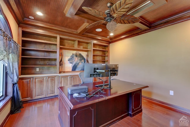 home office with light hardwood / wood-style floors, crown molding, and wooden ceiling