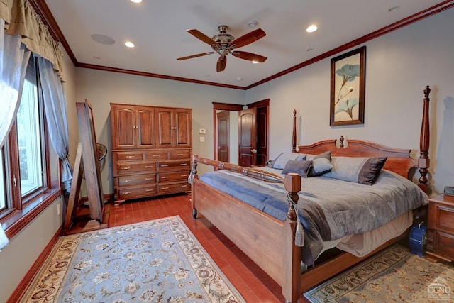 tiled bedroom with ceiling fan and crown molding