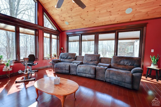 living room with hardwood / wood-style floors, high vaulted ceiling, ceiling fan, and wooden ceiling