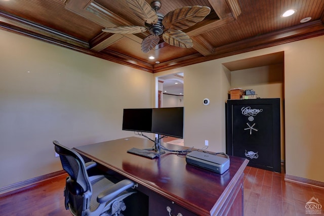 office featuring ceiling fan, crown molding, light hardwood / wood-style floors, and wooden ceiling