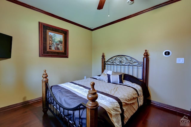 bedroom with ceiling fan, dark wood-type flooring, and ornamental molding