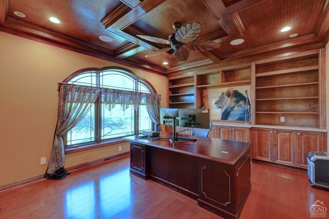 office area featuring crown molding, light hardwood / wood-style flooring, ceiling fan, and wood ceiling