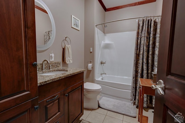 full bathroom featuring vanity, tile patterned floors, crown molding, toilet, and shower / tub combo with curtain