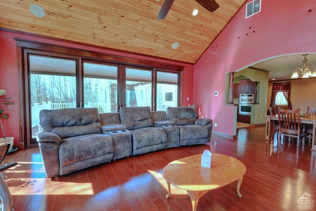 living room with hardwood / wood-style floors, ceiling fan with notable chandelier, wood ceiling, and high vaulted ceiling