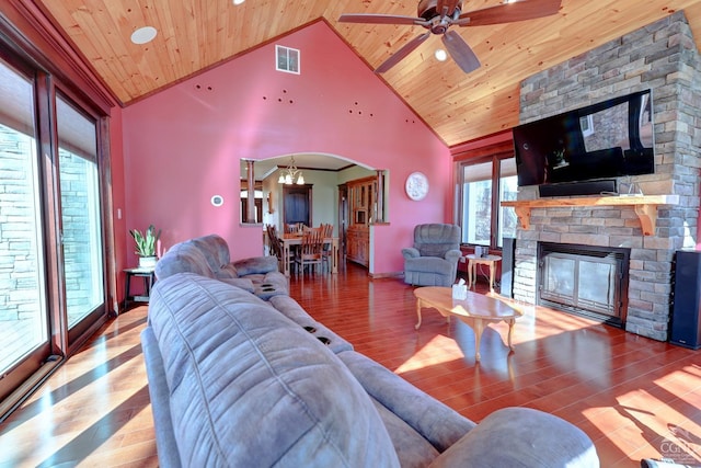 living room featuring wood-type flooring, wooden ceiling, a fireplace, and high vaulted ceiling