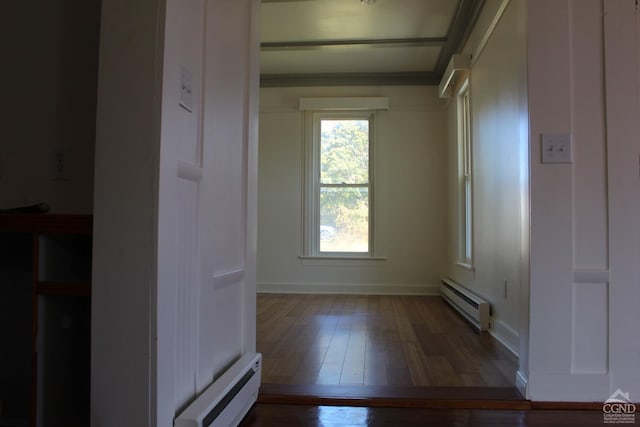 spare room with a baseboard radiator and dark hardwood / wood-style floors