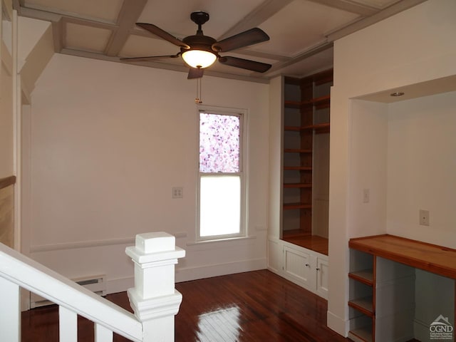 unfurnished living room featuring beamed ceiling, dark hardwood / wood-style floors, ceiling fan, and coffered ceiling