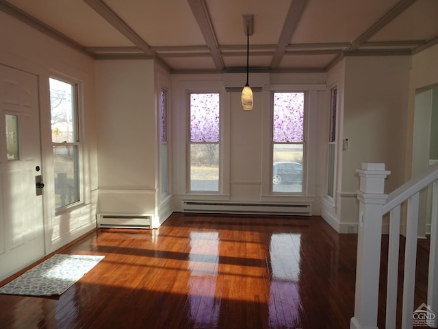 doorway with a wall unit AC, plenty of natural light, dark wood-type flooring, and coffered ceiling