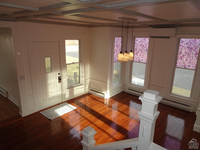 foyer with an AC wall unit, dark wood-type flooring, and a baseboard radiator