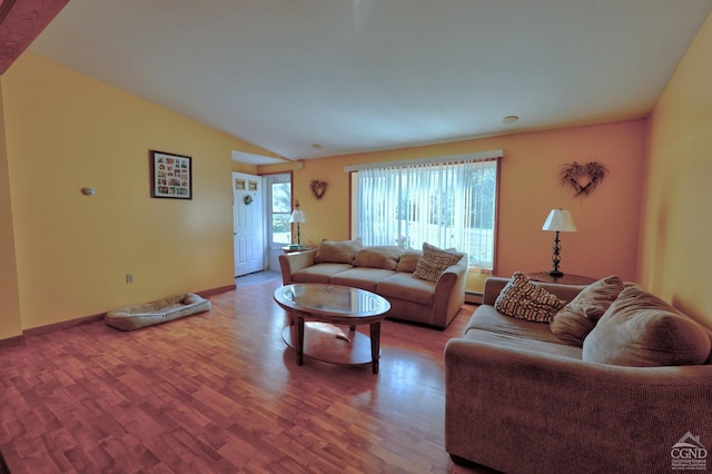 living room featuring a baseboard heating unit, vaulted ceiling, baseboards, and wood finished floors