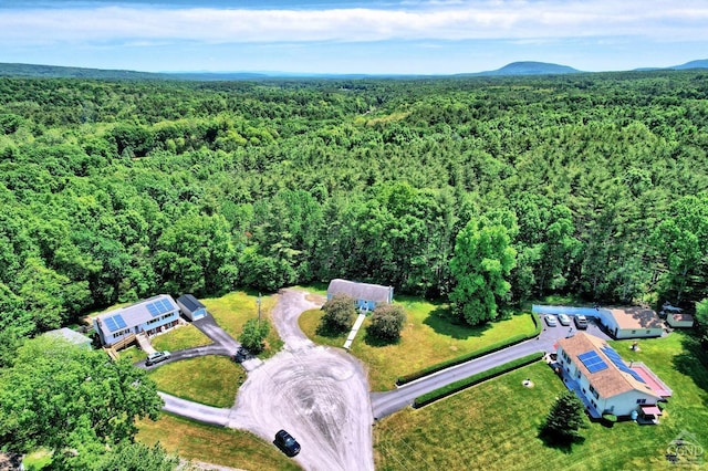 bird's eye view with a wooded view