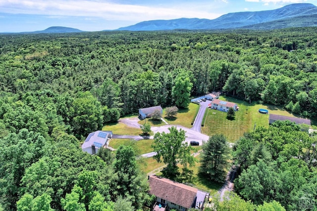 aerial view featuring a mountain view and a view of trees