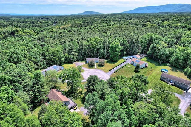 bird's eye view featuring a forest view and a mountain view